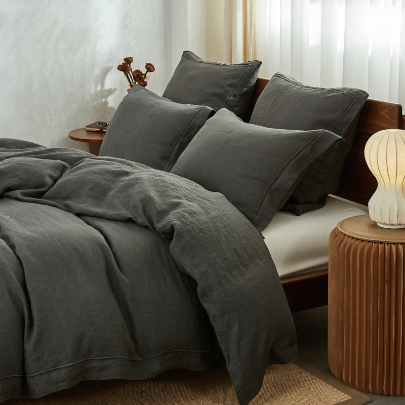 Simple&Opulence 100% Washed Linen Duvet Cover with Embroidered, 3 Pieces Soft Farmhouse Comforter Set with Button Closure,1 Duvet Cover and 2 Pillowshams(King,Charcoal Grey) - Image 1